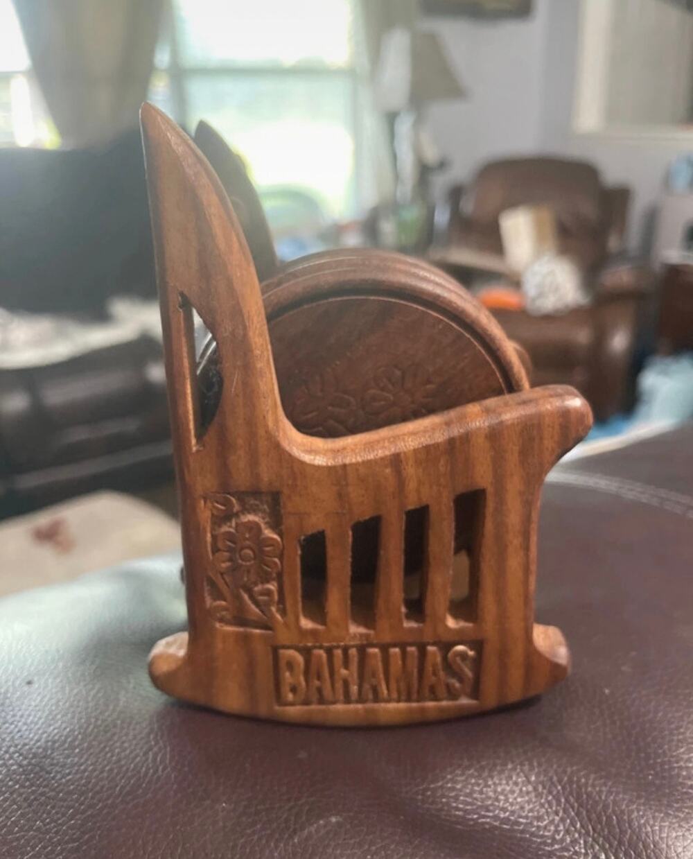 Bahamas wood coasters on rocking chair 5 coasters